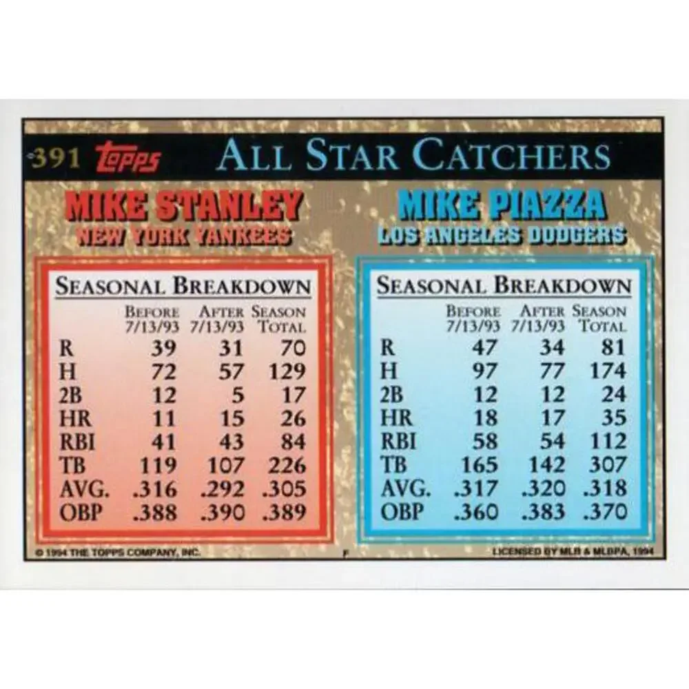 1994 Topps Mike Piazza/Mike Stanley AS #391 Los Angeles Dodgers/New York Yankees